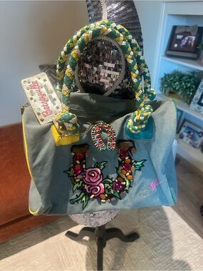 Super Rare Betsey Johnson Sage Green Tote with Yellow Trim and Teal Accents
